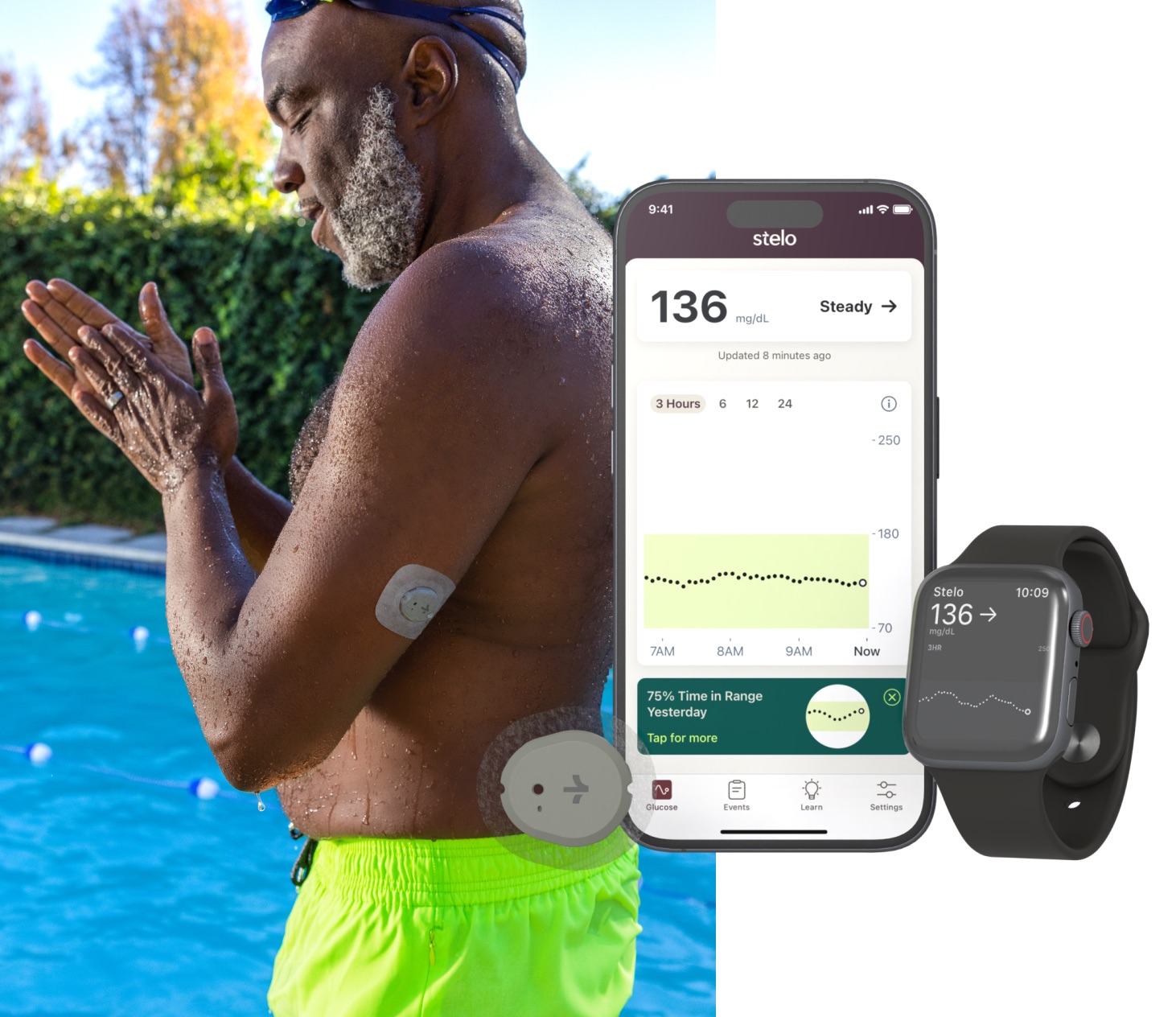 Image of man wearing a Stelo glucose biosensor and swimming. Also images of the iPhone app and Apple watch compatibility. Image of man wearing a Stelo glucose biosensor and swimming. Also images of the iPhone app and Apple watch compatibility.